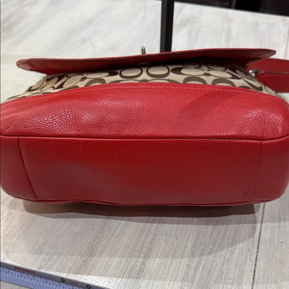 Coach Coral Red and Tan Signature Shoulder Bag